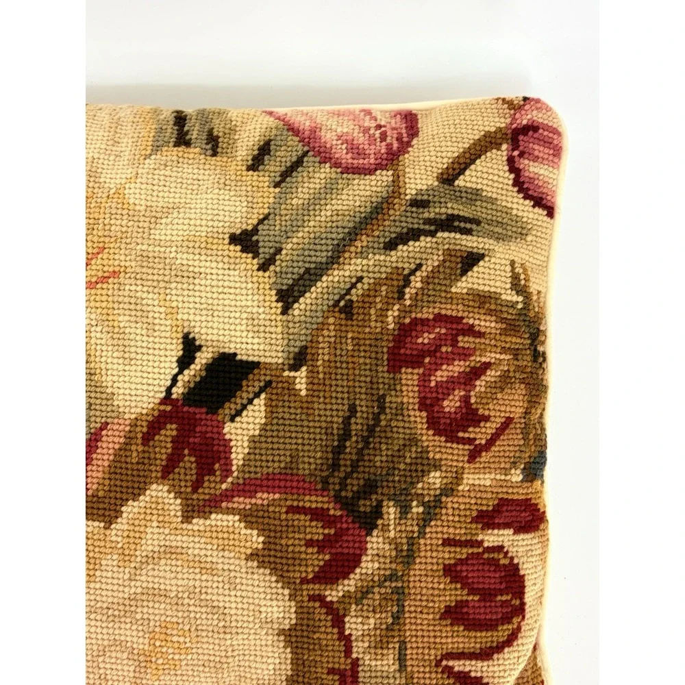 Vintage Floral Needlepoint Pillow Square Velvet Back Cottagecore 12